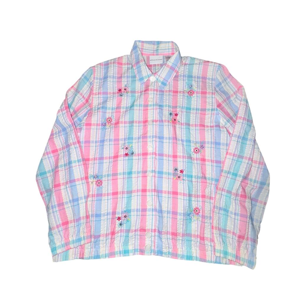 Alfred Dunner Button Front Jacket Women's Size 14 Pastel Plaid Embroidered Light